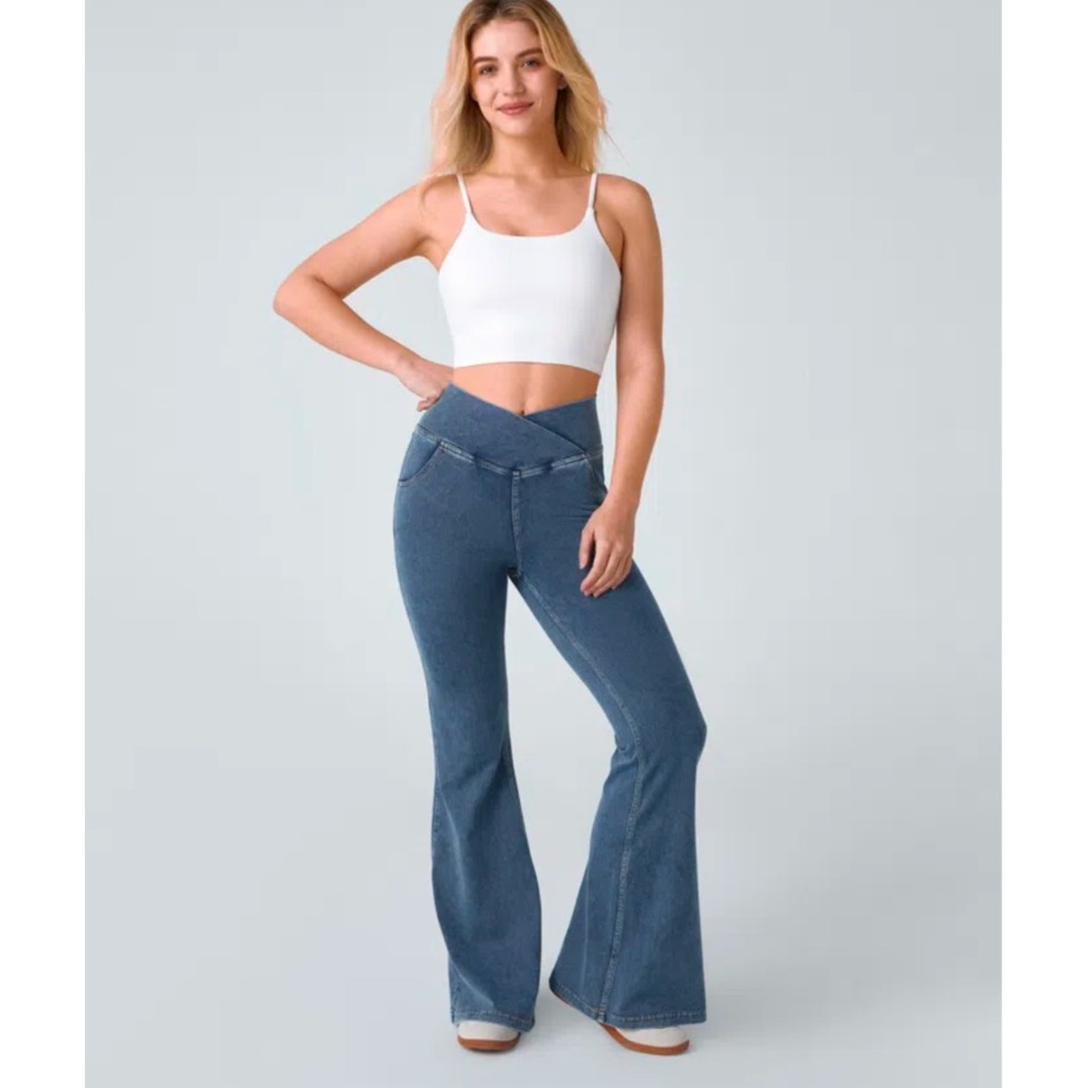 Halara Crossover Waist Flare Jeans Medium Wash Blue Bell Bottom Petite Medium